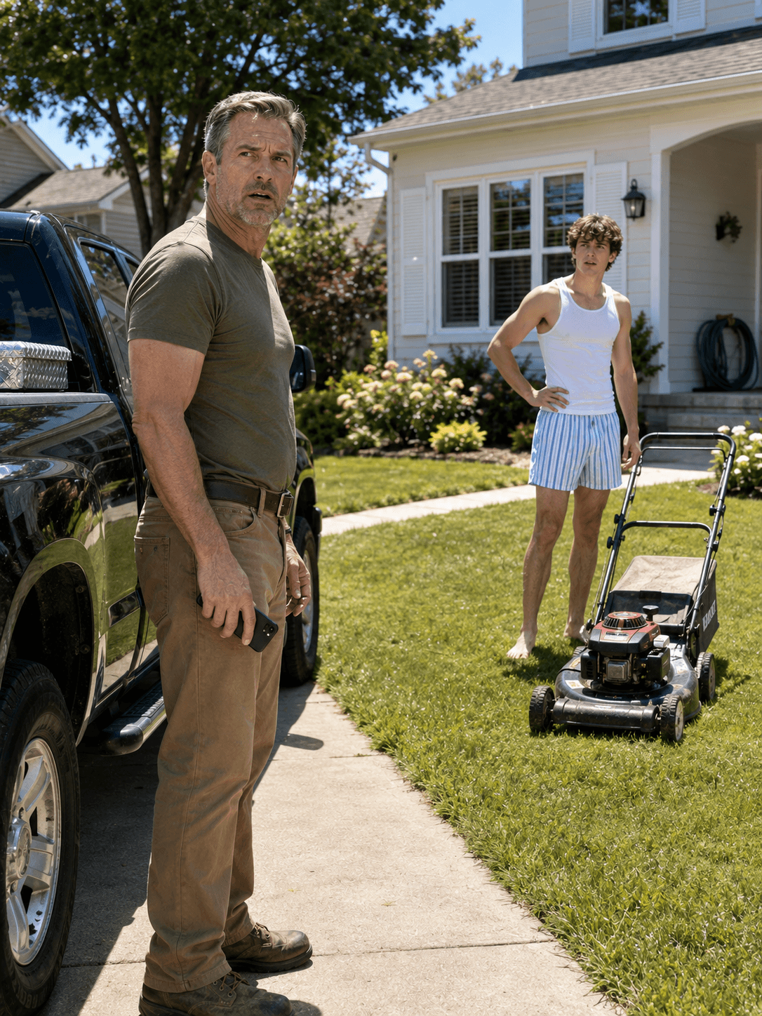 I hired a young man to mow my daughter’s lawn while she was out of town. About an hour later, my phone rang. His voice was low and unsteady. “Sir… is someone supposed to be inside the house?” My heart skipped a beat. “Why would you ask that?” I said. The sound of the mower suddenly stopped. For a few long seconds, there was only silence… then I heard it too, a faint, unsettling noise coming from somewhere inside my daughter’s home.