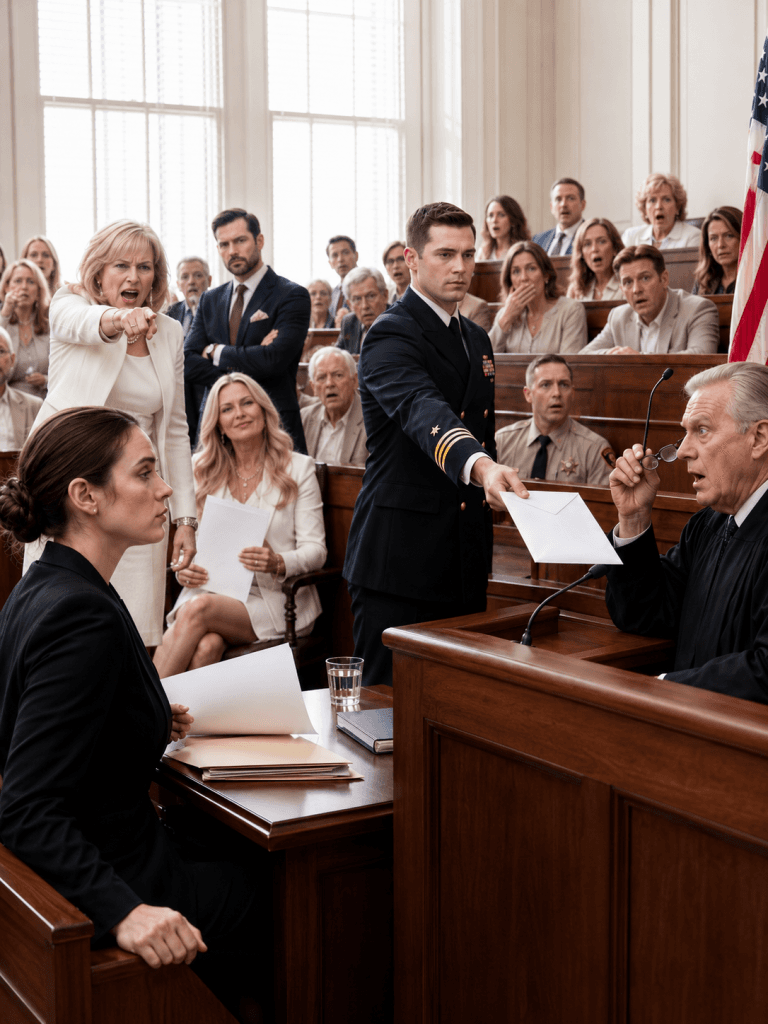 To hand my father’s entire inheritance over to my sister, my own mother sued me. She declared before the jury, “This child has never served a single day in uniform!” As the entire hometown glared at me in pure disgust, I remained completely unfazed and silent. The turning point came when my JAG lawyer submitted a white envelope straight from the Pentagon. The judge’s face paled as he took off his glasses. “Classified documents?! All rise!”