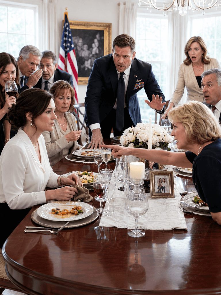 My aunt curled her lips in disdain. “Tell everyone, sweetheart, how you’re just a low-level office secretary, with not a single promotion worth mentioning in twenty years.” I gently folded my napkin. “Because I never needed to mention it.” Her son, a Navy SEAL, slammed his fork down on the wooden table. “Mom. Stop talking.” The room went dead silent. He stood tall. “At my last command, every single man knew her name. You’re embarrassing yourself.”