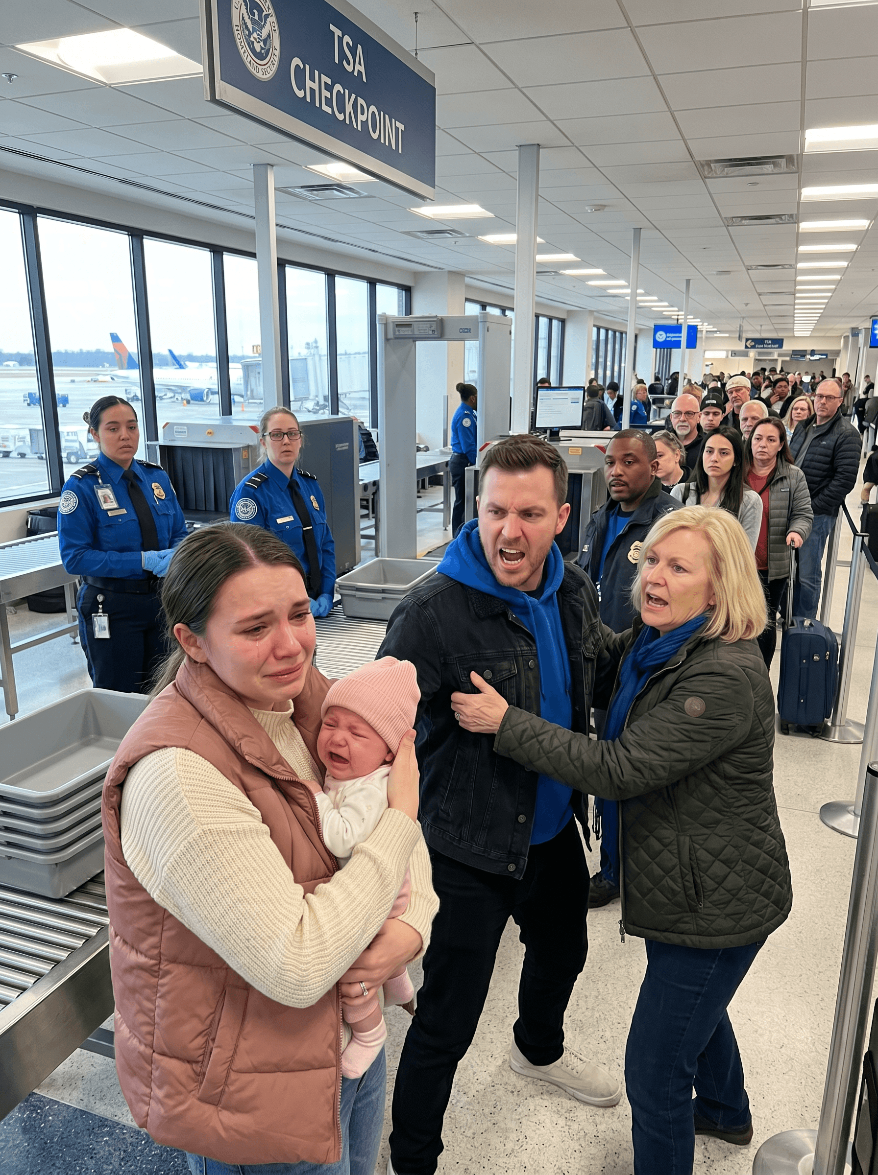 As we were about to board our flight, my stepmother suddenly rushed through the airport security checkpoint and tried to sn:atch my baby from my arms. Panic hit me instantly, but airport police reacted within seconds, treating her as an immediate threat and bringing the situation under control.