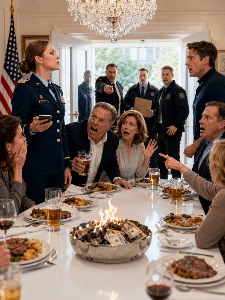 At the family dinner, Dad tapped his beer glass and demanded I take the fall for Luke’s felony. “Cover for him, or I’ll leak your crazy PTSD files to everyone!” I just smiled, stood up tall in my Dress Blues, and hit “Execute.” That $15K bribery fund turned to ash the exact second three Federal agents kicked the front door wide open. Dad choked on his drink, staring at my uniform: “Wait… you’re the Pentagon Major arresting my son?!”