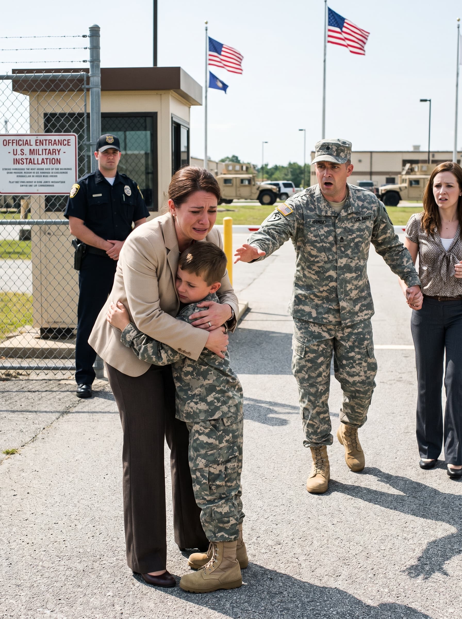 I took my little son to surprise my husband at the military base where he served as the commanding officer. Before we could even enter through the front gate, a security guard blocked our path and said, “SIR’S GIRLFRIEND IS INSIDE THE UNIT RIGHT NOW. NO VISITORS ARE ALLOWED.” I swallowed my anger, calmly pulled out my phone. I called my second brother and gave him one quiet instruction: “TERMINATE EVERY FORM OF SUPPORT. IMMEDIATELY.”